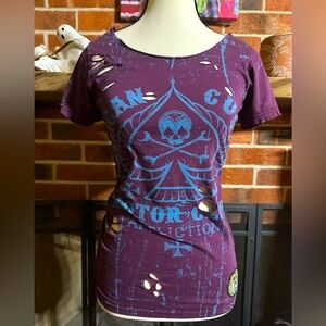 Affliction Y2K Maroon and Blue Distressed Graphic Tee
